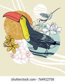 Vector illustration of a hand drawn toucan, flying humingbird and blooming tropical flowers