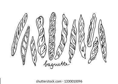 Vector illustration of hand drawn traditional French baguettes. Ink drawing, graphic style. Beautiful food design elements.