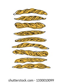 Vector illustration of hand drawn traditional French baguettes. Ink drawing, graphic style. Beautiful food design elements.