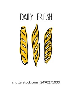 Vector illustration of hand drawn traditional French baguettes. Ink drawing, graphic style. Beautiful bakery or food industry design elements.