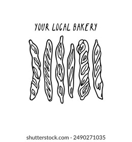 Vector illustration of hand drawn traditional French baguettes. Ink drawing, graphic style. Beautiful bakery or food industry design elements.