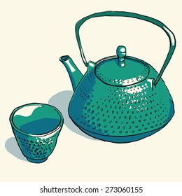Vector illustration. Hand drawn traditional asian cast iron teapot with small cup. Cute sketch for design of a tea card, restaurant menu, invitation for tea ceremony. Green turquoise drawing