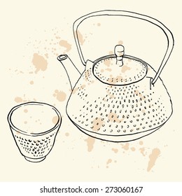 Vector illustration. Hand drawn traditional asian cast iron teapot with cup. Sketch for design of restaurant menu, invitation for tea ceremony. Outline on background with liquid drops and splashes