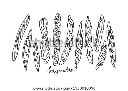 Vector illustration of hand drawn traditional French baguettes. Ink drawing, graphic style. Beautiful food design elements.