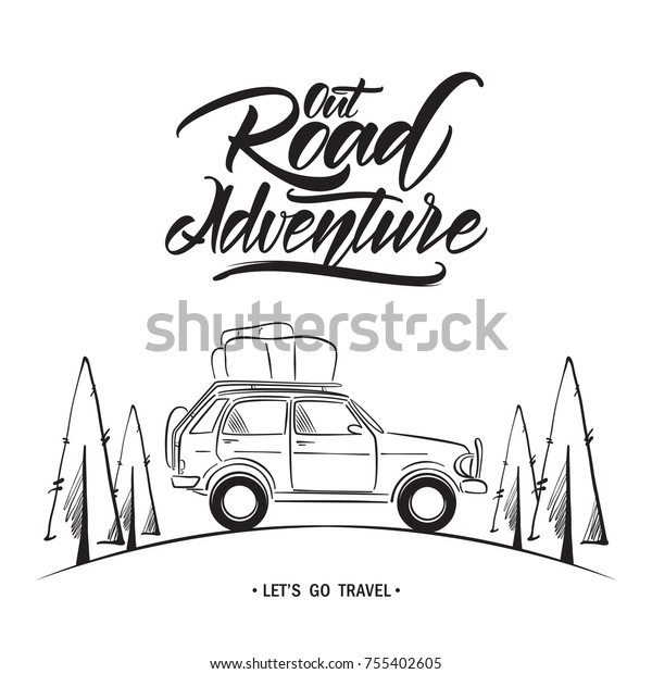 ベクターイラスト 手書きのout Road Adventureの文字を持つ手描きの旅行車 スケッチ線のデザイン のベクター画像素材 ロイヤリティフリー