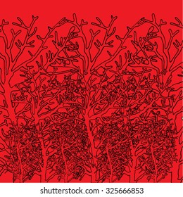 Vector illustration of hand drawn trees in forest, woods. Background pattern backdrop seamless distressed. Black & red colors.