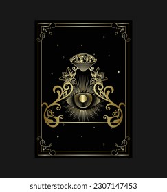 Vector illustration with hand drawn triangle shape with flower and diamond and third eye on black background. Golden linear shape. Premium card design.