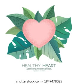 Ilustración vectorial con hojas de plantas tropicales dibujadas a mano y corazón rosado texturado aislado en fondo blanco. Concepto médico de salud y atención al corazón para tarjeta, cartel, cartel