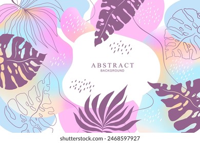 Vector illustration with hand drawn tropical plants and geometric shapes isolated on abstract background. Modern fluid gradient design template for poster, advertising, invitation, banner