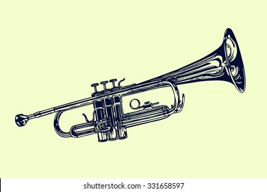 Vector illustration of hand drawn trumpet. Beautiful ink drawing of a wind musical instrument.