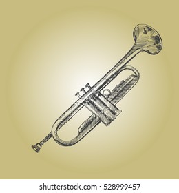 Vector illustration of hand drawn trumpet. Beautiful ink drawing of a wind musical instrument.