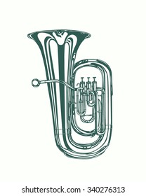 Vector illustration of hand drawn tuba. Beautiful ink drawing of a wind musical instrument.