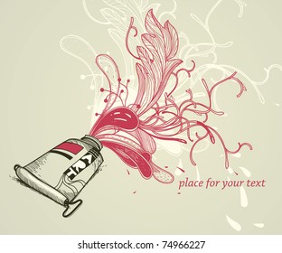 vector illustration with a  hand drawn tube of red paint and bright  fantasy plants