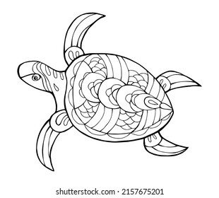 Vector Illustration of hand drawn turtle. Black and white vector illustration for coloring book. Beautiful drawings with patterns and small details.