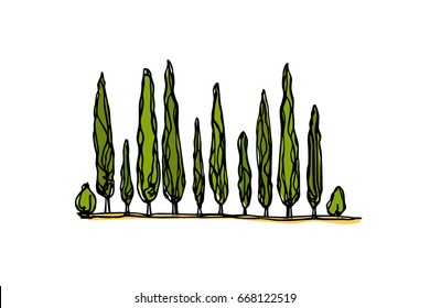 Vector illustration of hand drawn Tuscany landscape with cypresses arranged in a line. Ink drawing, graphic style. Beautiful design elements. svg