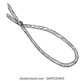 Vector illustration of hand drawn twisted Rope loop with tied knot. Perfect for minimalist design elements, labels, packaging decoration, or rustic graphics. Black outline on isolated background.