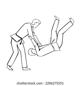Ilustración vectorial de dos luchadores del judo a mano en competencia. Concepto de deporte