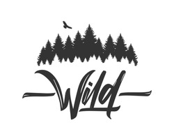 Vektorgrafik: Handgezeichnete Schrift Von Wild Mit Silhouette Von Pine Forest And Hawk. Pinselkalligrafie. Typografisches Design.