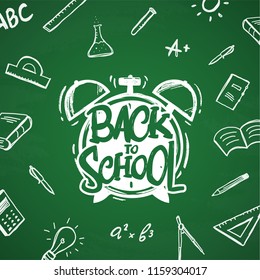 Vector illustration: Hand drawn typographic lettering of Back to School with alarm clock and doodles supplies on blackboard background