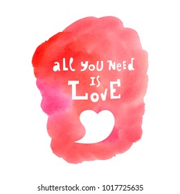 Vector illustration hand drawn typography love slogan and white heart icon on watercolor blot for decoration, prints and posters. Design elements isolated on white background for Valentine's Day