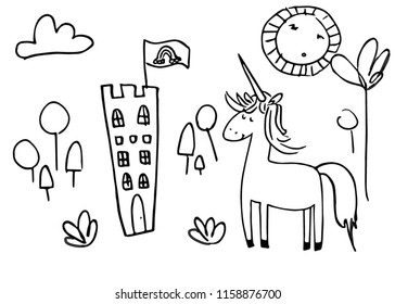 Vector illustration of hand drawn unicorn and castle. Cute sun and trees.