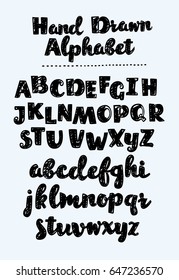 Ilustración vectorial del alfabeto de boceto negro dibujado a mano en mayúscula y minúscula sobre fondo blanco