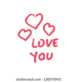 Vector illustration of hand drawn  valentines day card with lettering typography text sign, hearts. For design, banner