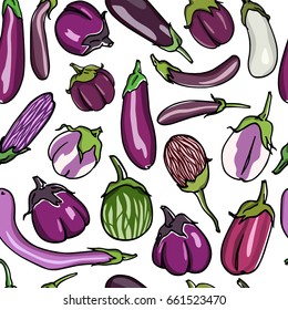 Vector illustration of hand drawn varieties of eggplants. Cool vegetable print, beautiful design elements