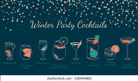 Vector illustration with hand drawn various cocktails for winter party. Set of hand drawn icons for winter party menu