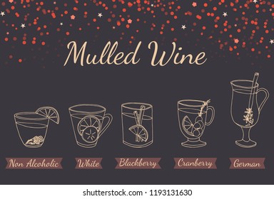 Vector illustration with hand drawn various types of Mulled wine. Set of hand drawn icons for winter menu