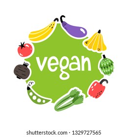 Vector illustration with hand drawn vegetables and Vegan text. Doodle style. Set of vegetables and text. eps 10