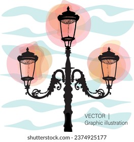 A vector illustration of a hand drawn Venetian street lamp with vector shapes for light and background. Add your own text
