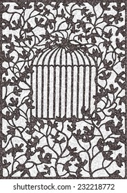 Vector illustration of hand drawn vine with leaves pattern, climbing plant silhouette with bird cage in center.