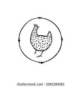 Vector illustration of hand drawn vintage chicken emblem. Beautiful ink drawing, heavy contour, abstract design elements. Perfect elements for food or farming design.