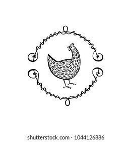 Vector illustration of hand drawn vintage chicken emblem. Beautiful ink drawing, heavy contour, abstract design elements. Perfect elements for food or farming design.