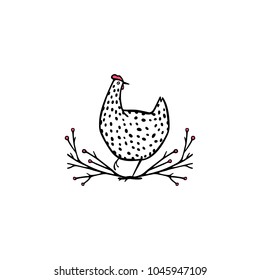 Vector illustration of hand drawn vintage chicken emblem. Beautiful ink drawing, heavy contour, floral design elements. Perfect elements for food or farming design.