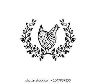 Vector illustration of hand drawn vintage chicken emblem. Beautiful ink drawing, heavy contour, floral design elements. Perfect elements for food or farming design.