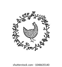 Vector illustration of hand drawn vintage chicken emblem. Beautiful ink drawing, heavy contour, floral design elements. Perfect elements for food or farming design.