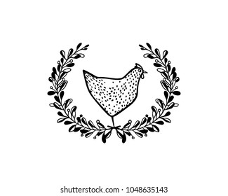 Vector illustration of hand drawn vintage chicken emblem. Beautiful ink drawing, heavy contour, floral design elements. Perfect elements for food or farming design.