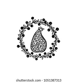 Vector illustration of hand drawn vintage chicken emblem. Beautiful ink drawing, heavy contour, floral design elements. Perfect elements for food or farming design.