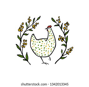 Vector illustration of hand drawn vintage chicken emblem. Beautiful ink drawing, heavy contour, floral design elements. Perfect elements for food or farming design.