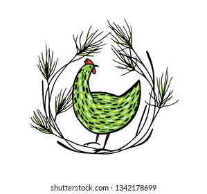 Vector illustration of hand drawn vintage chicken emblem. Beautiful ink drawing, heavy contour, floral design elements. Perfect elements for food or farming design.