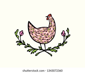 Vector illustration of hand drawn vintage chicken emblem. Beautiful ink drawing, heavy contour, floral design elements. Perfect elements for food or farming design.