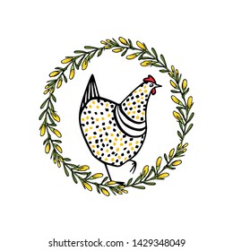 Vector illustration of hand drawn vintage chicken emblem. Hand drawn abstract speckled hen in floral wreath.  Beautiful ink drawing. Perfect elements for food or farming design.