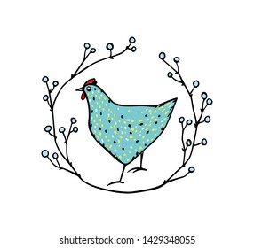 Vector illustration of hand drawn vintage chicken emblem. Hand drawn abstract speckled hen in floral wreath.  Beautiful ink drawing. Perfect elements for food or farming design.