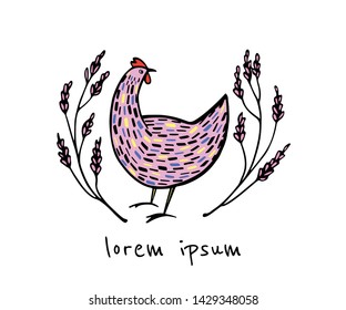 Vector illustration of hand drawn vintage chicken emblem. Hand drawn abstract speckled hen in floral wreath.  Beautiful ink drawing. Perfect elements for food or farming design.