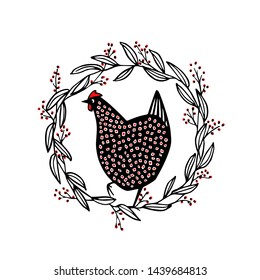 Vector illustration of hand drawn vintage chicken emblem. Beautiful ink drawing. Speckled hen in floral wreath with red berries. Perfect elements for food or farming design.