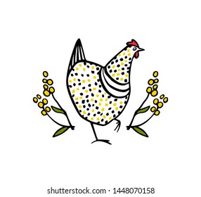 Vector illustration of hand drawn vintage chicken emblem. Hand drawn abstract speckled hen in floral yellow wreath.  Beautiful ink drawing. Perfect elements for food or farming design.