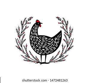 Vector illustration of hand drawn vintage chicken emblem. Beautiful ink drawing. Speckled hen in floral wreath with red berries. Perfect elements for food or farming design.
