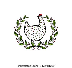 Vector illustration of hand drawn vintage chicken emblem. Hand drawn abstract speckled hen in floral wreath.  Beautiful ink drawing. Perfect elements for food or farming design.